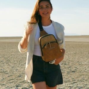 Petunia Pickle Bottom Tan Suede Crossbody Sling Bag